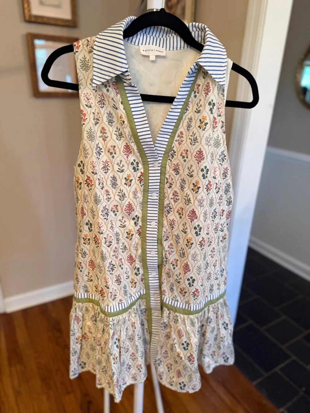 Entro Botanical Printed Sleeveless Collared Dress with Green, Blue, & White Trim - Picture 1 of 4